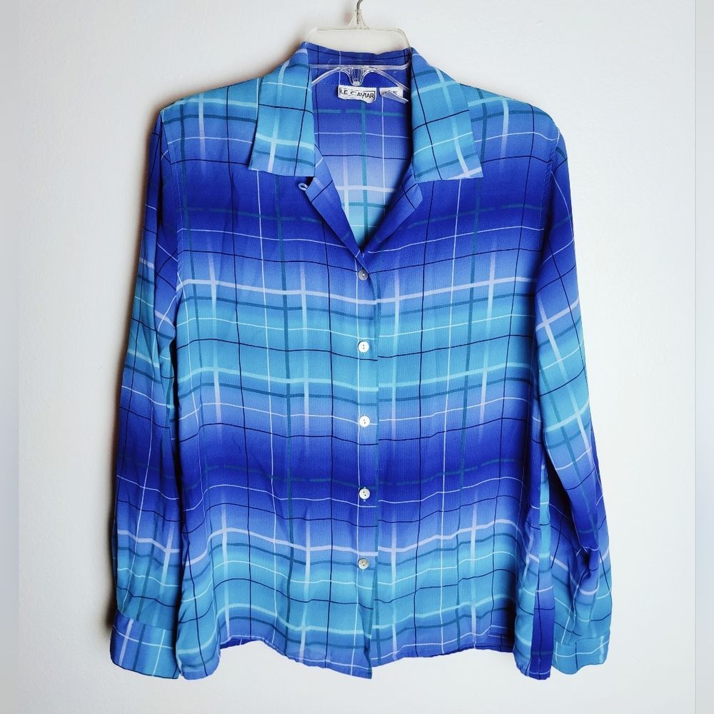 VTG Y2K Le Caviar Blue Purple Ombre Plaid Lightweight Semi Sheer Blouse, Sz M